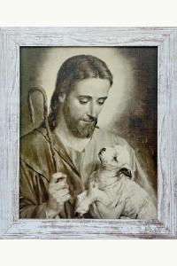 Obraz Jezus Pasterz biała przecierana rama 